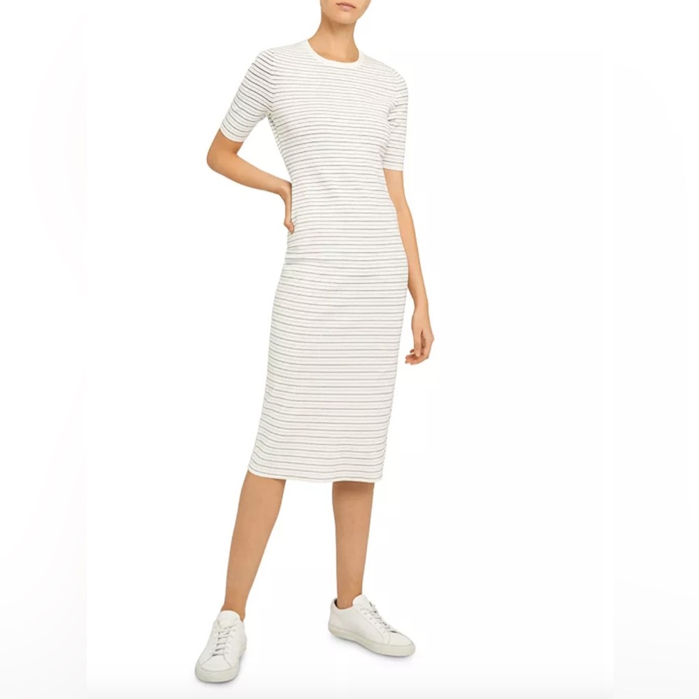 Theory Ribbed Stretch Knit Striped Midi Dress Size P (Small) White black gray